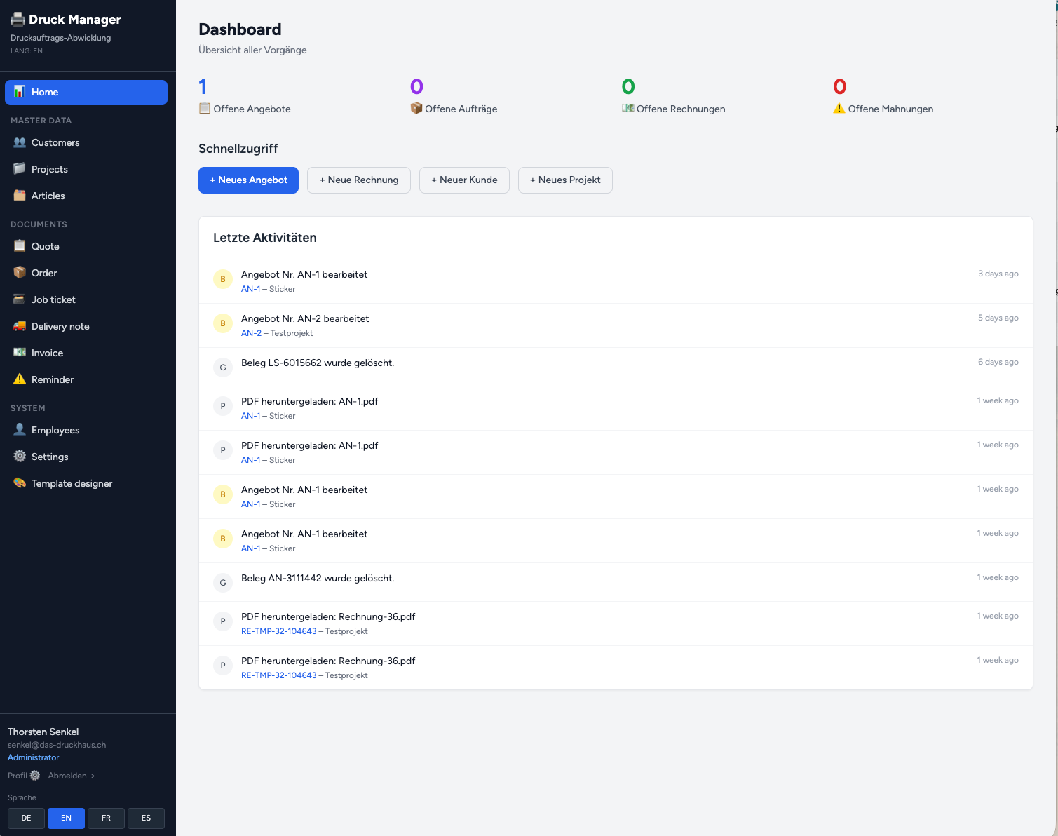 Druck Manager Dashboard mit Übersicht offener Angebote, Aufträge, Rechnungen und Mahnungen