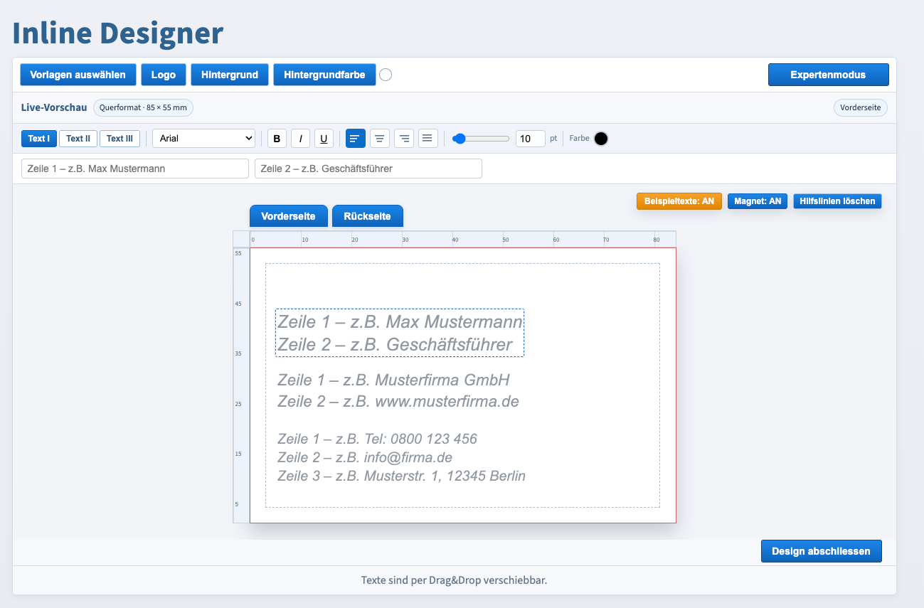 Inline Designer – Browser-basierter Visitenkarten- und Druckprodukt-Designer mit Drag and Drop